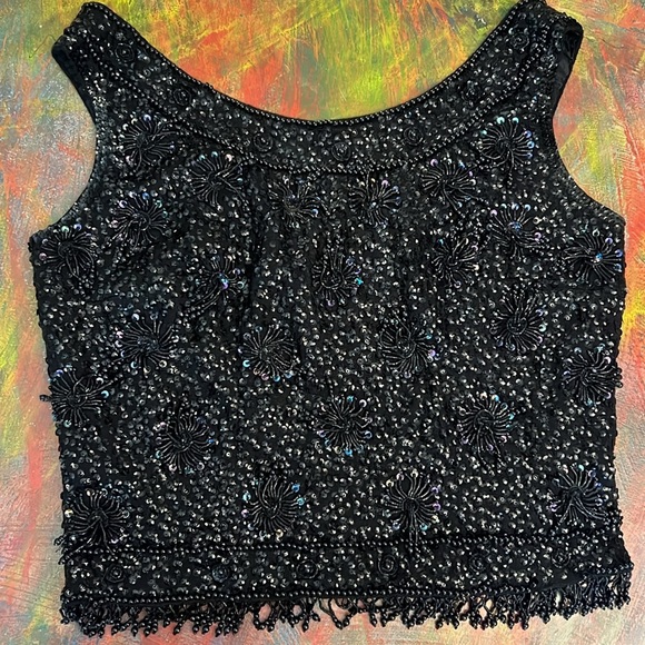 Vintage 60s Vest Top sequins hand beaded Sz. M zip up sleeveless fitted wool - Picture 13 of 14